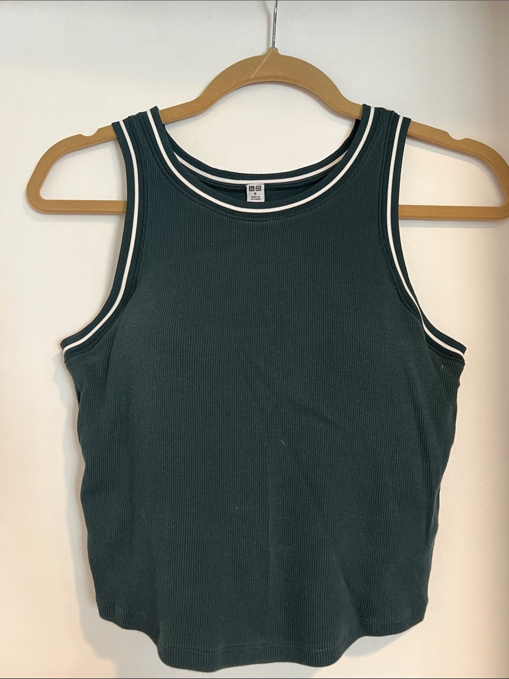 Uniqlo Dark Green Ribbed Tank with White Contrast Trim